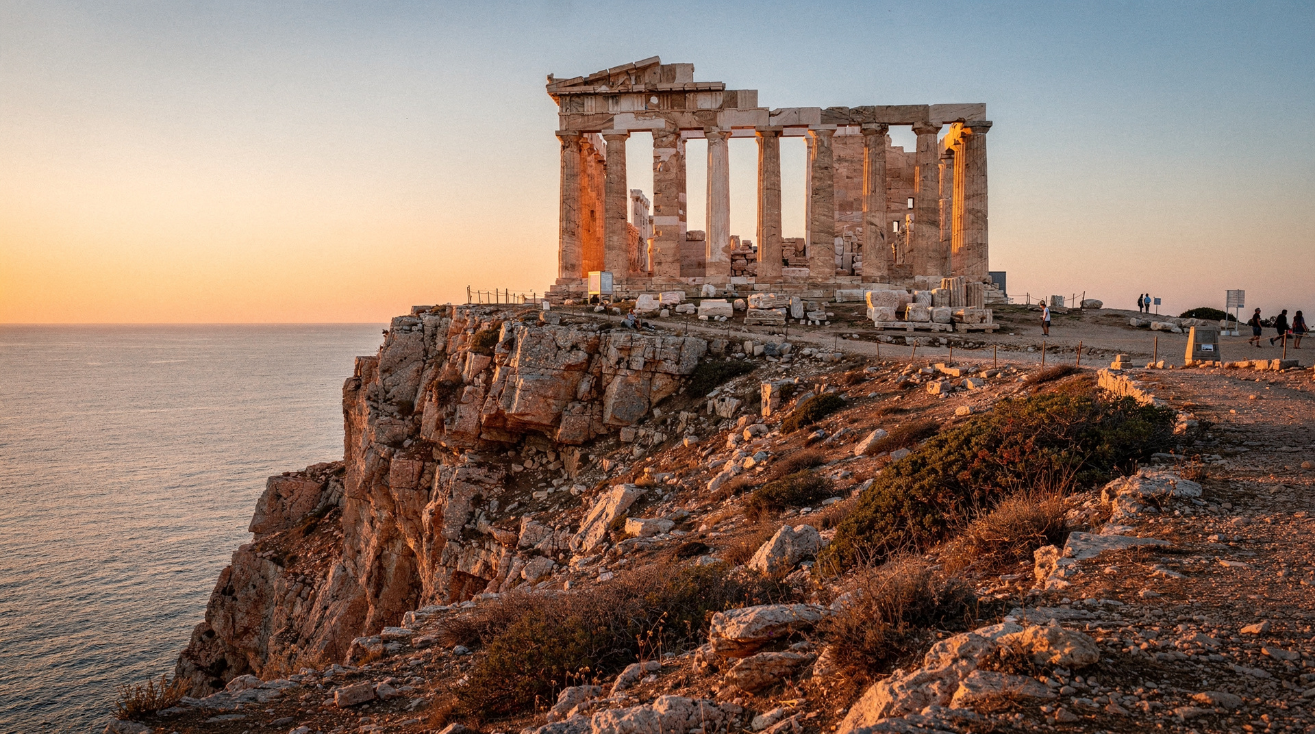 Watching the sun set at Cape Sounion's Temple of Poseidon