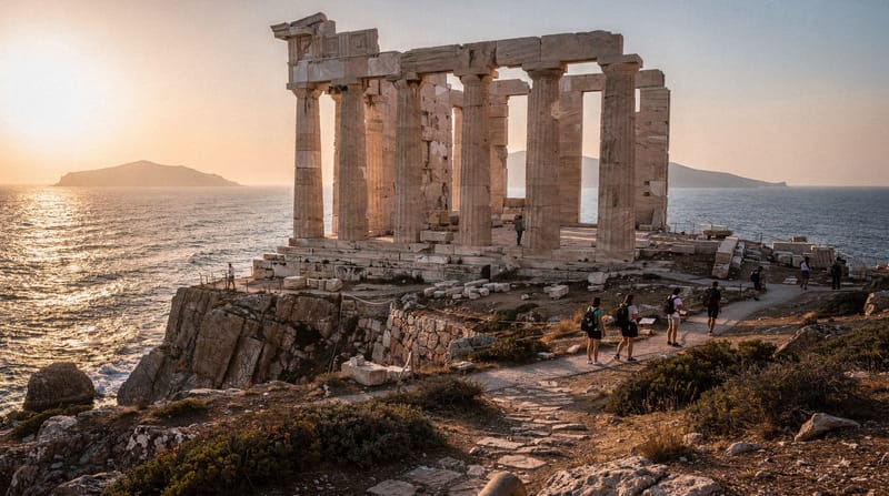 Cape Sounion sunset trip: the Temple of Poseidon at dusk